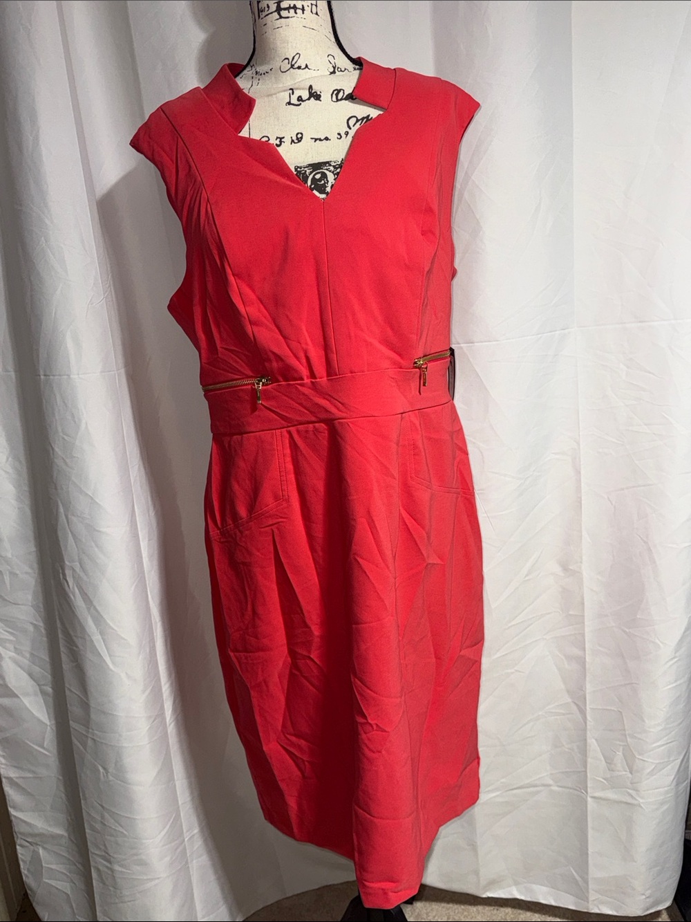 Worthington Sleeveless Red Sheath Dress with Gold Zip Detail